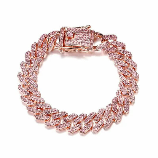 12MM Rose Gold Cuban Chain 2 Row Iced Out Bling Rhinestone Zircon Paved Bracelet-silviax