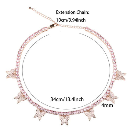 Butterfly Tennis Chain Choker Necklace Gold Plated CZ Iced Out Jewelry for Women