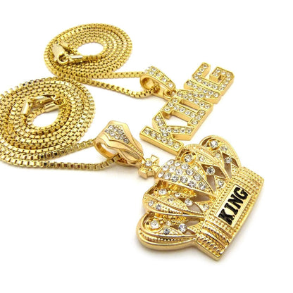 King and Crown Pendants Sets Hip Hop Icy Bling Stoned Gold Tone Plated Necklace