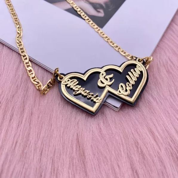 Acrylic Double Heart Pendant Personalized Custom Gold Plated Name Necklace Valentines Couple Gift