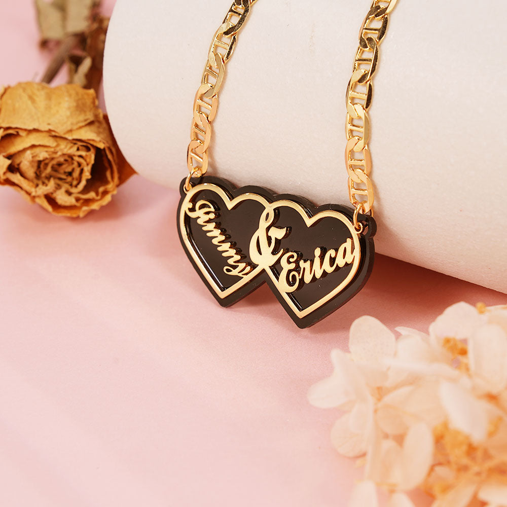 Acrylic Double Heart Pendant Personalized Custom Gold Plated Name Necklace Couple Gift-silviax