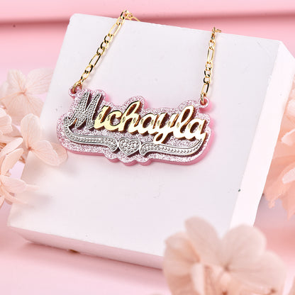 Double Layer Pink Acrylic Two Tone Custom Gold Plated Name Necklace with Heart-silviax