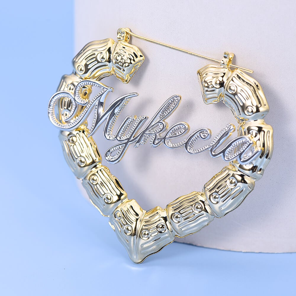 Two Tone Heart Bamboo Earrings Personalized Custom Gold Plated Name Earrings