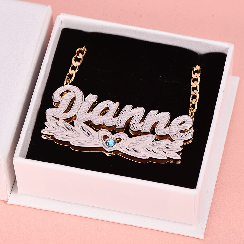 Double Layer Two Tone Wing Heart Nameplate with Birthstone Personalized Custom Gold Plated Name Necklace