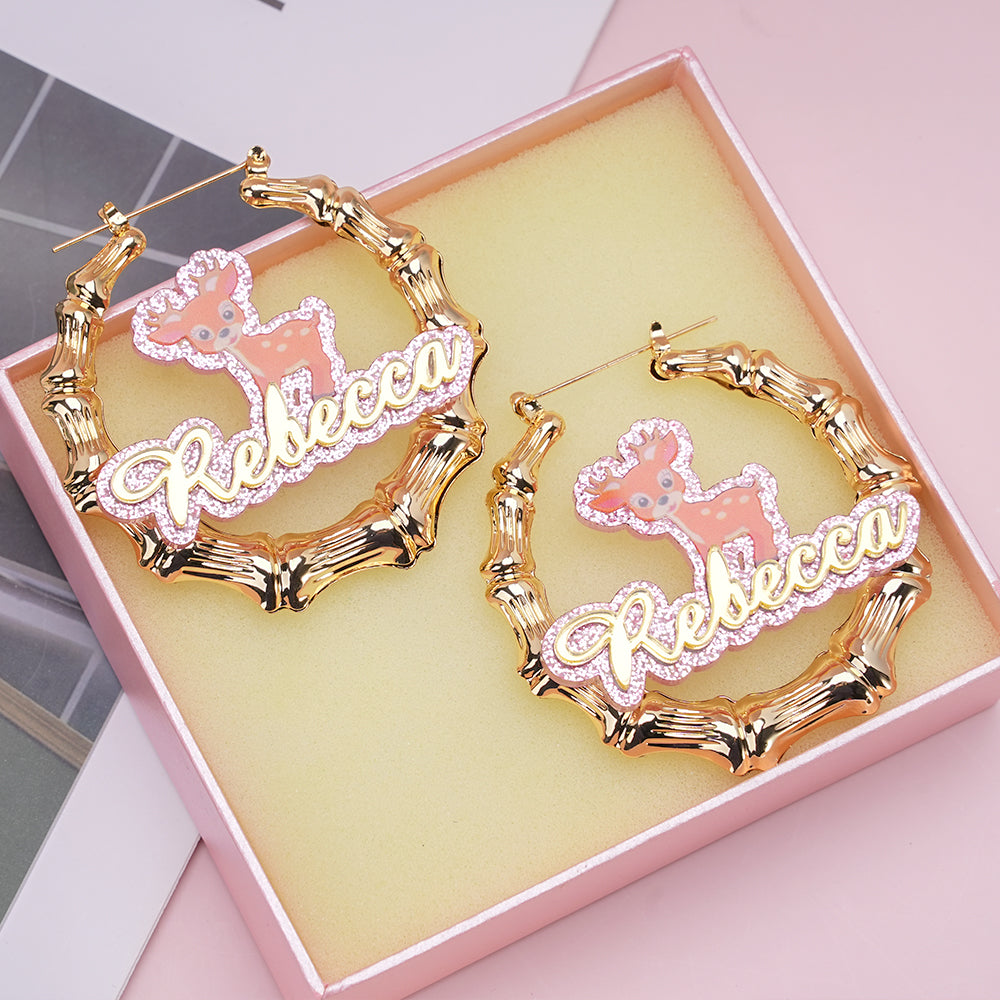 Personalized 60mm Cartoon Elrk Name Earrings