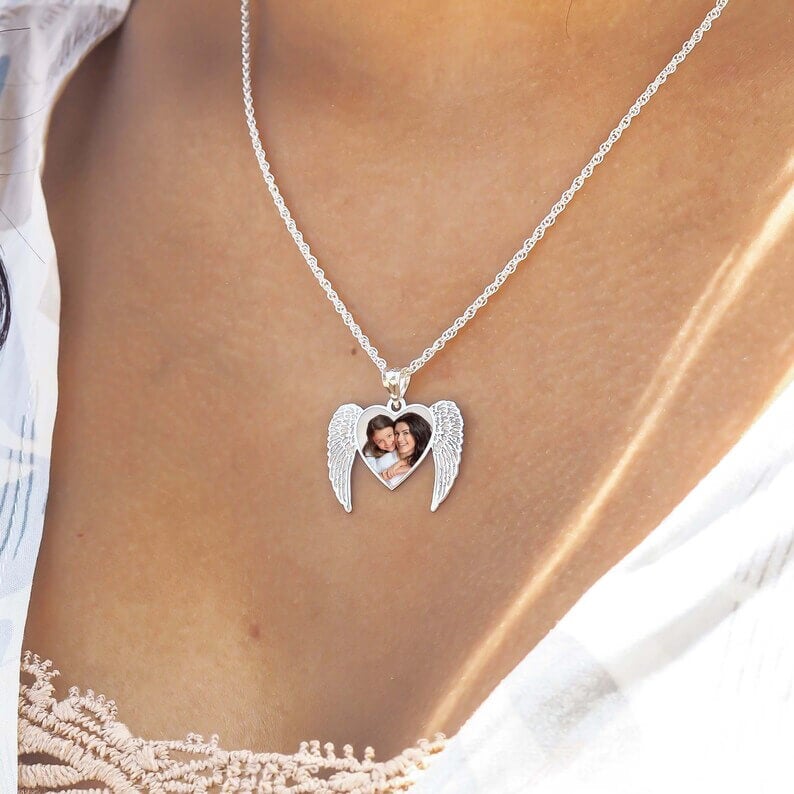 Angel Wings Heart Photo White Gold Pendant Personalized Custom Photo Necklace-silviax