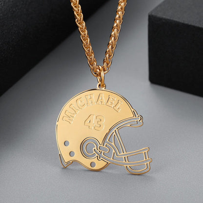 Gold Plate American Football Player Helmet Carved Custom Name Jersey Number Necklace-silviax