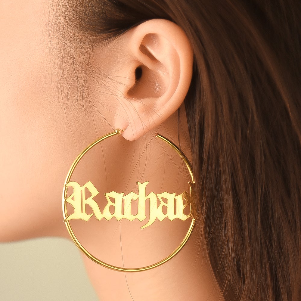 Gold Plated Personalized Old English Hoop Name Earrings-silviax