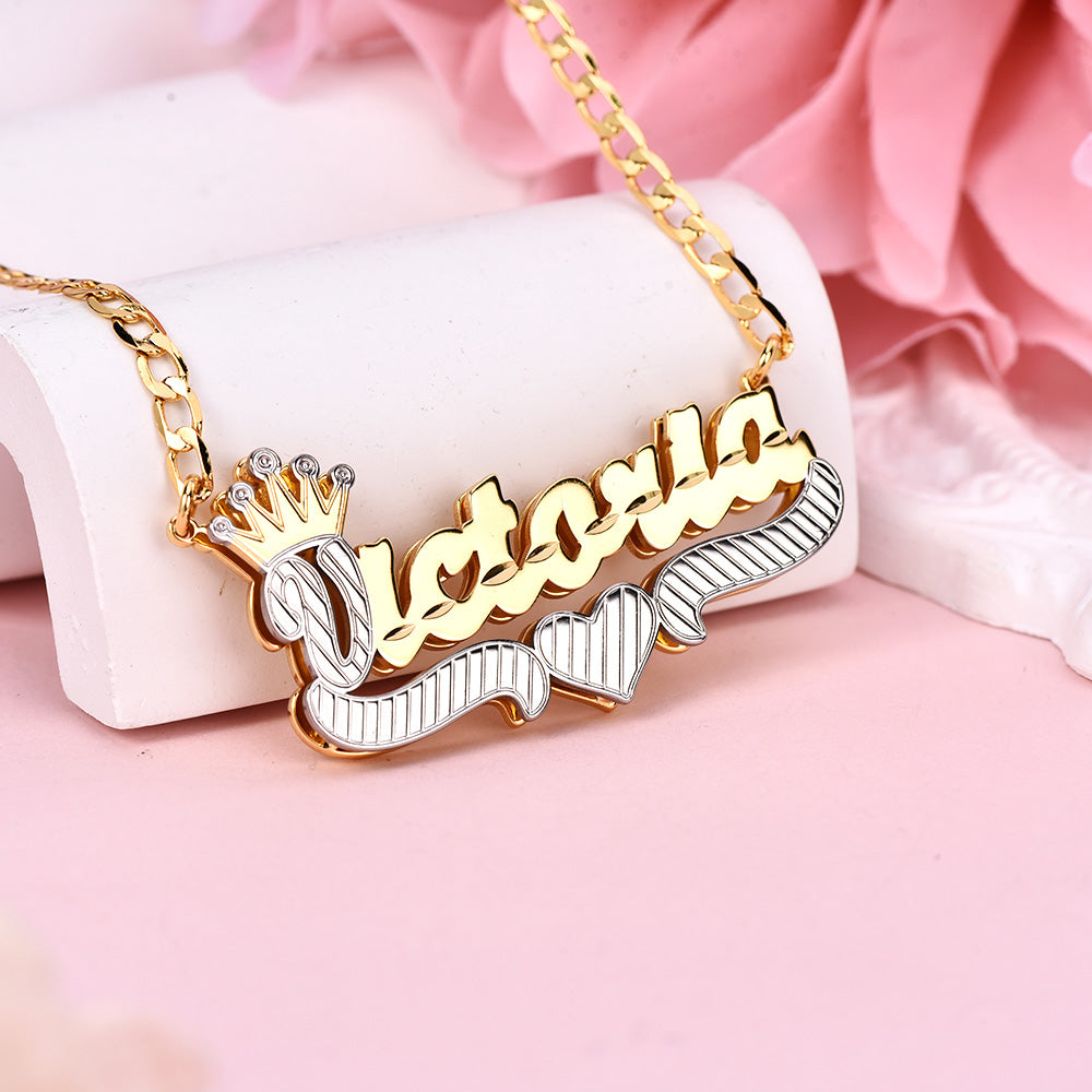 Double Layer Two Tone Nameplate Crown Heart Personalized Custom Gold Plated Name Necklace-silviax