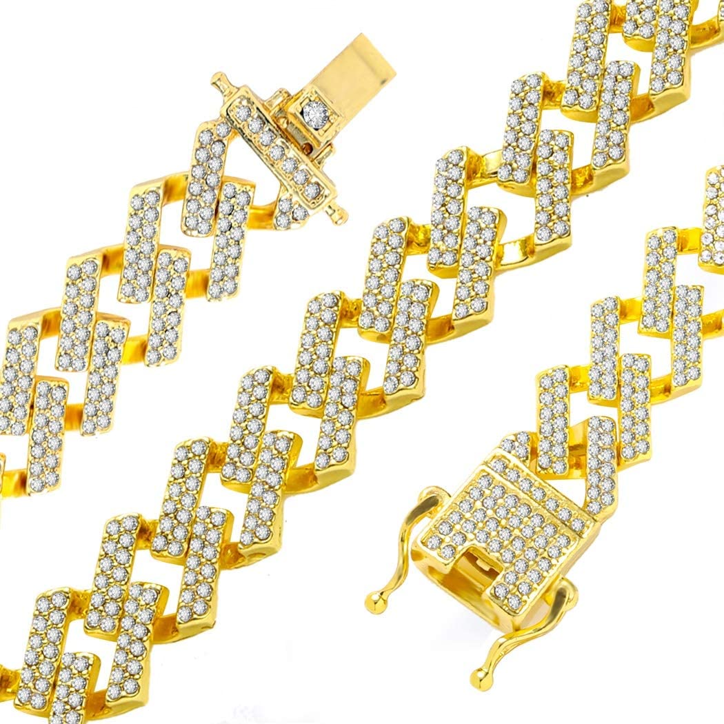 13mm Cuban Link Chain Iced Out Bling Hip Hop Prong Necklace Gold Plated Rhinestone Clasp Jewelry for Men Women