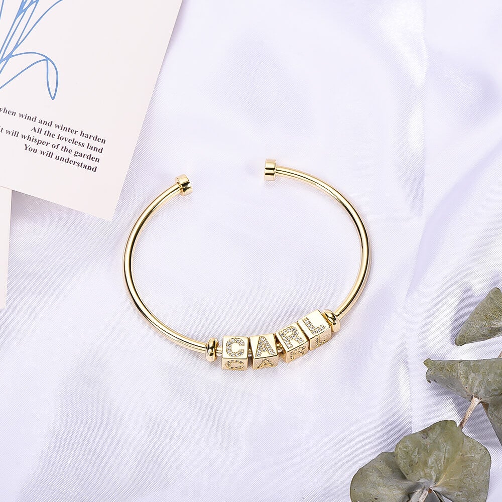 Cube Bead With Inlaid Zircon Letters Personalized Gold Plated Custom Cuff Name Bangle Bracelet-silviax