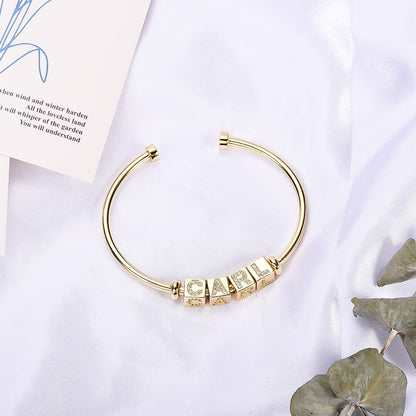 Cube Bead With Inlaid Zircon Letters Personalized Gold Plated Custom Cuff Name Bangle Bracelet-silviax