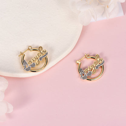 Gold Plated Hoop Personalized Name Earrings With Two Heart-silviax