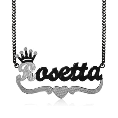 Double Layer Two Tone With Crown And Heart Black Nameplate Personalized Custom Name Necklace-silviax