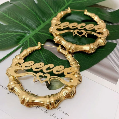 Bamboo Hoop with Heart Personalized Custom Name Earrings Gold Plated