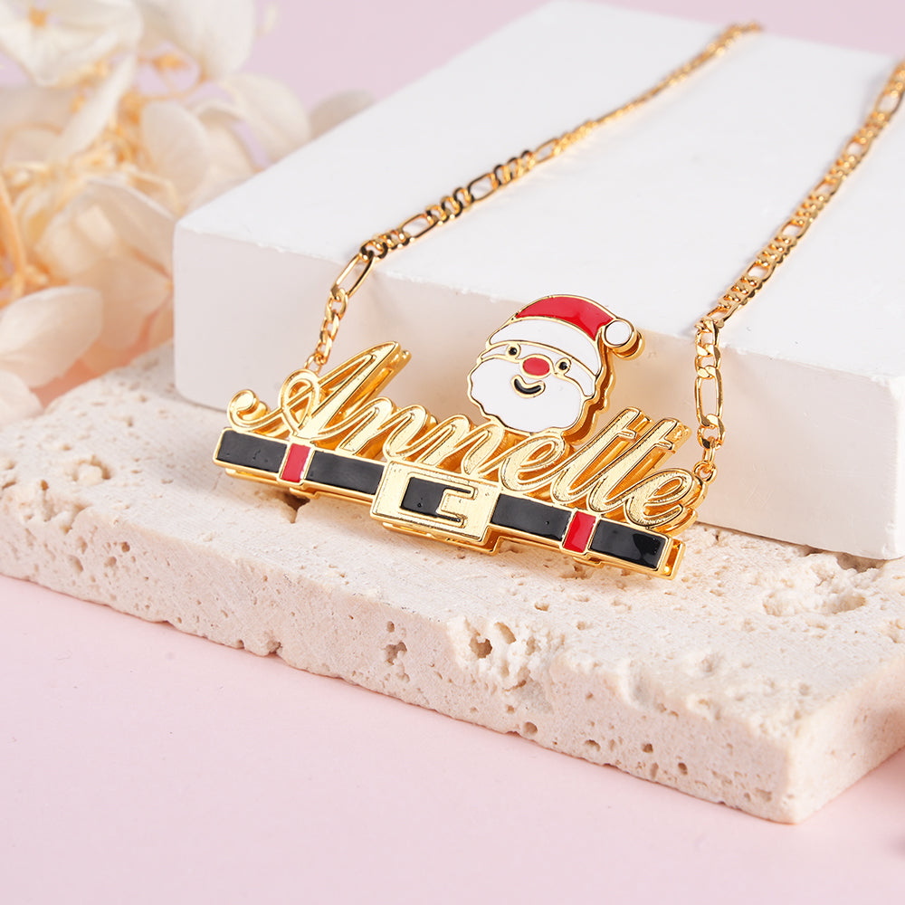 Cartoon Christmas Santa Pendant Double Layer Customized Name Necklace And Name Earrings