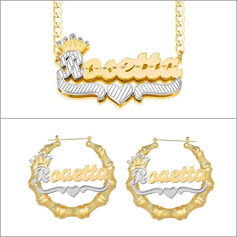 Crown Two Tone Personalized Custom Gold Plated Name Bamboo Hoop Earrings And Double Layer Name Necklace Set-silviax