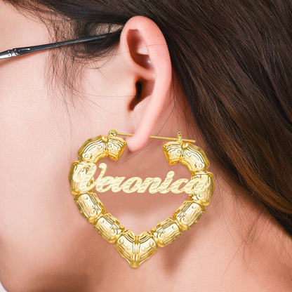 Heart Bamboo Gold Plated Personalized Custom Name Bamboo Earrings-silviax