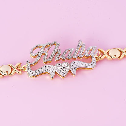 Double Layer Two Tone Heart Nameplate with XOXO Chain Personalized Custom Gold Plated Name Bracelet