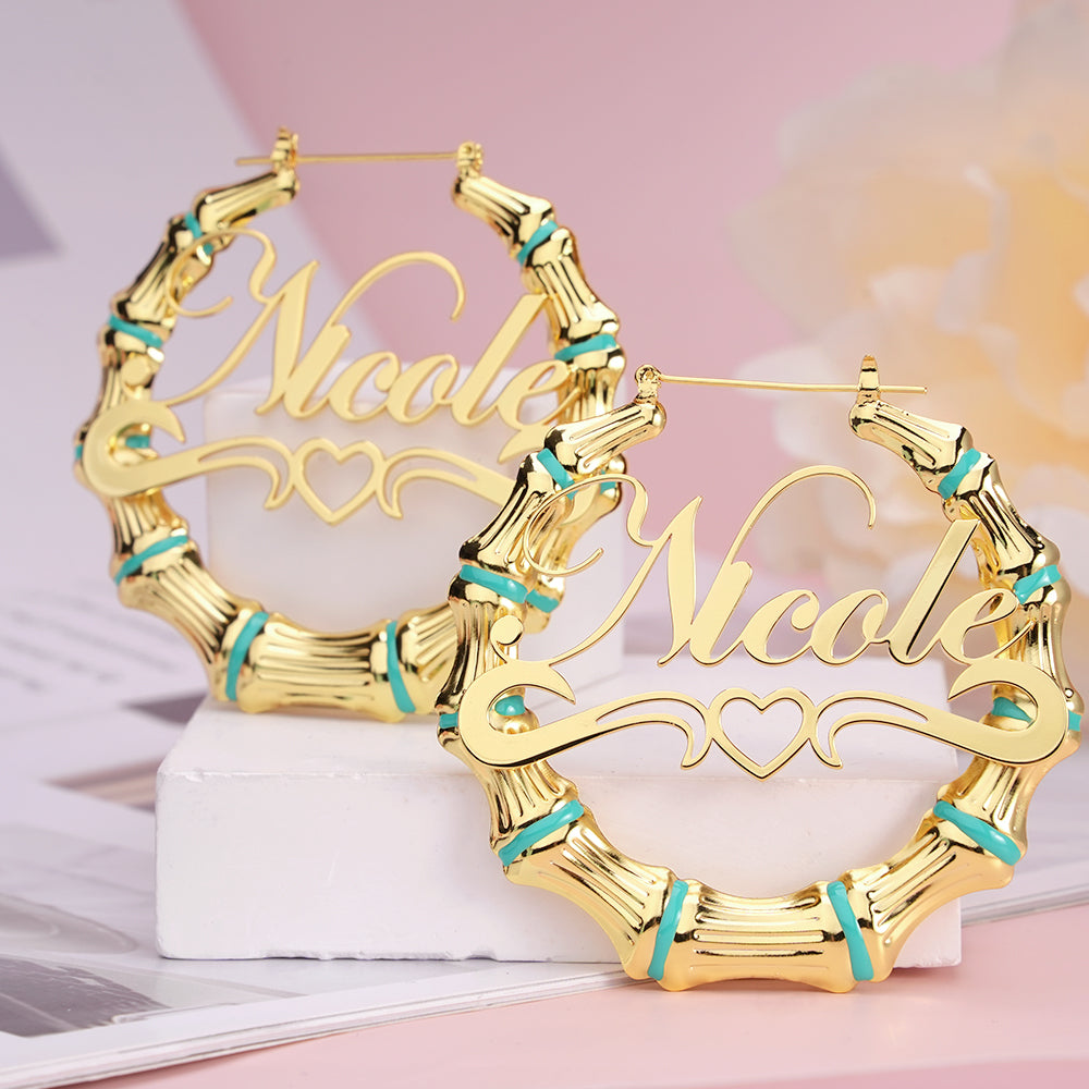 Personalized Custom Name Earrings Heart Underline Bamboo Hoop Earrings