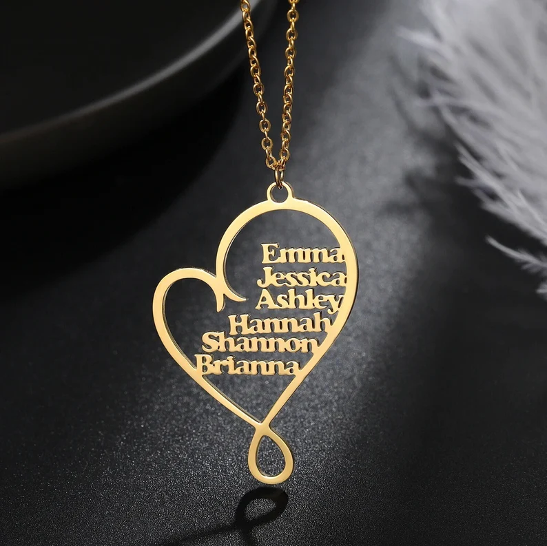 2-6 Names Heart Pendant Personalized Custom Gold Plated Name Necklace Family Necklace-silviax