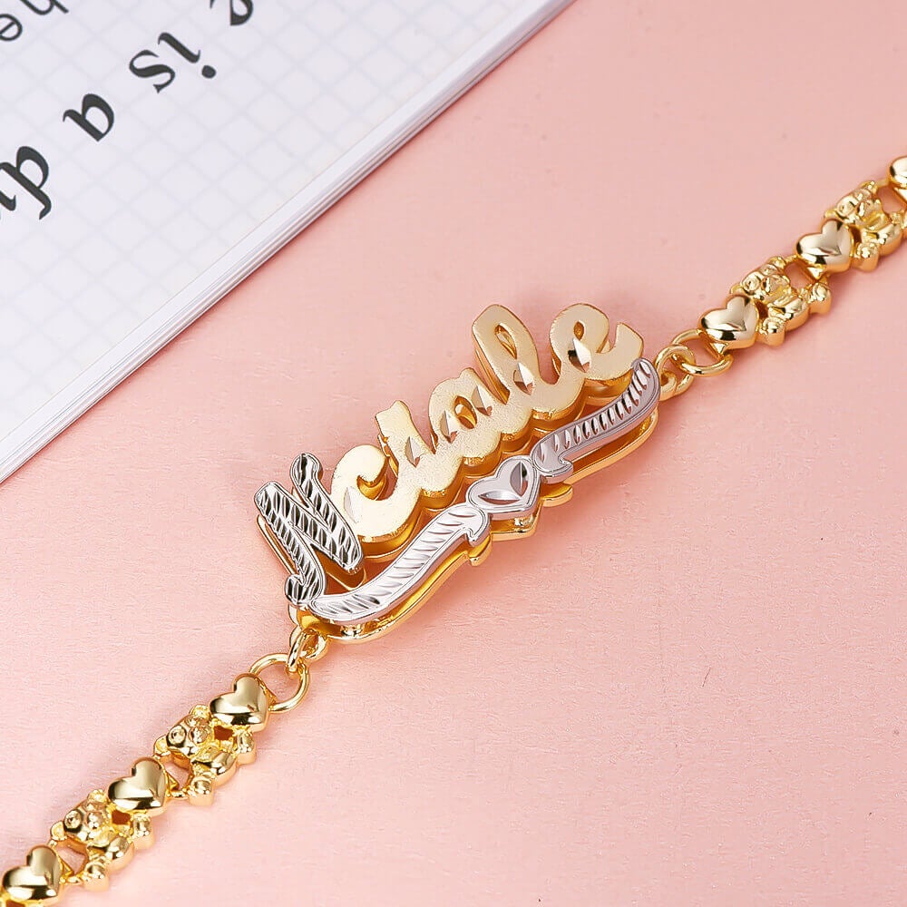 Double Layer Two Tone Heart with Teddy Bear XOXO Chain Personalized Custom Gold Plated Name Bracelet-silviax