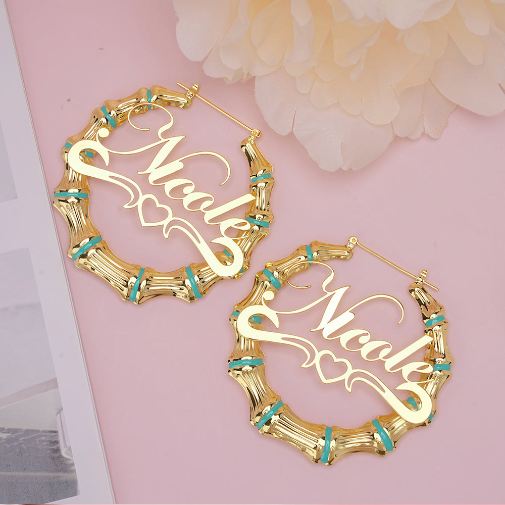 Personalized Custom Name Earrings Heart Underline Bamboo Hoop Earrings