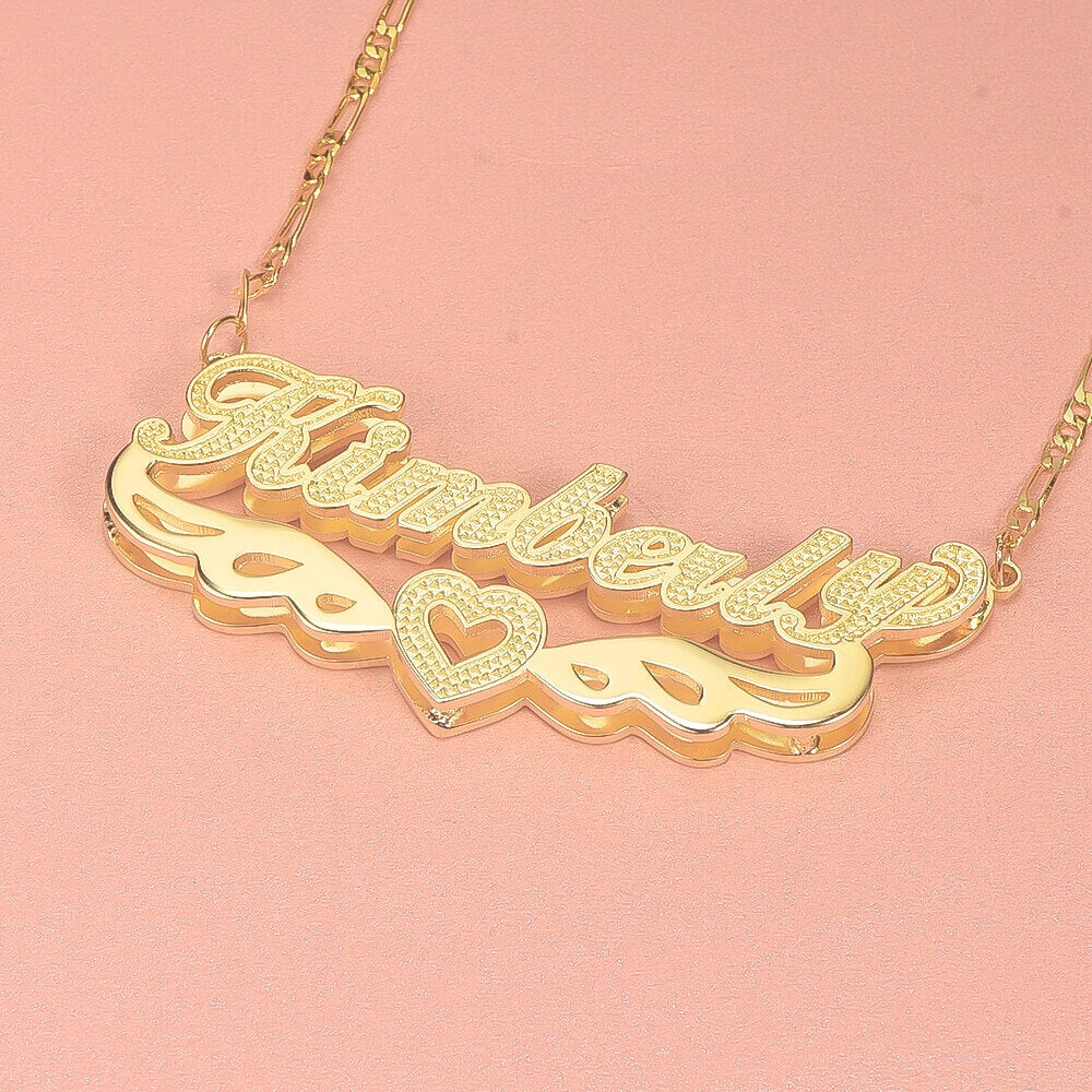 Wings Heart Double Layer Personalized 3D Name Necklace Gold Plated-silviax