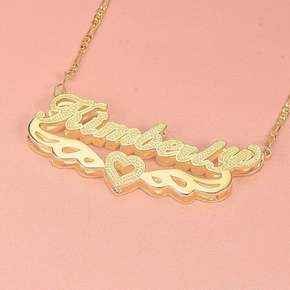 Wings Heart Double Layer Personalized 3D Name Necklace Gold Plated-silviax