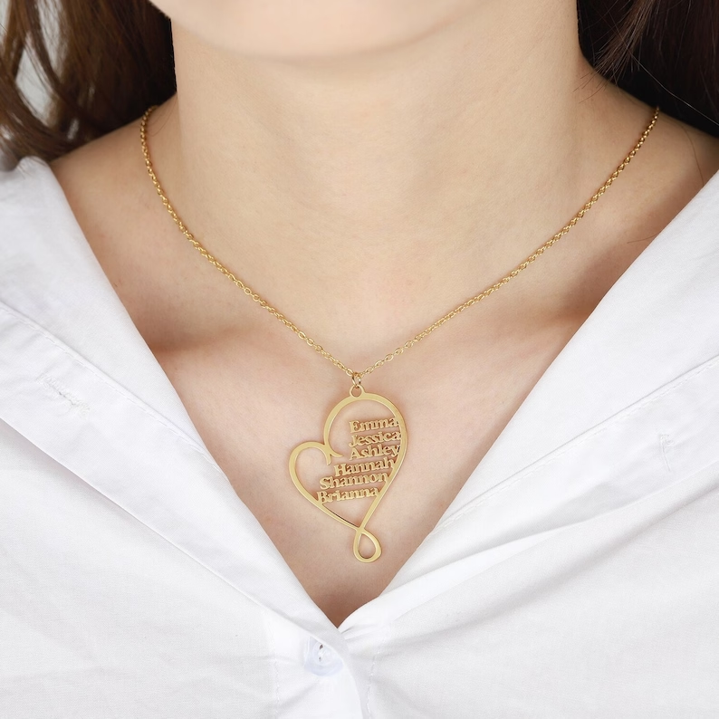 2-6 Names Heart Pendant Personalized Custom Gold Plated Name Necklace Family Necklace-silviax