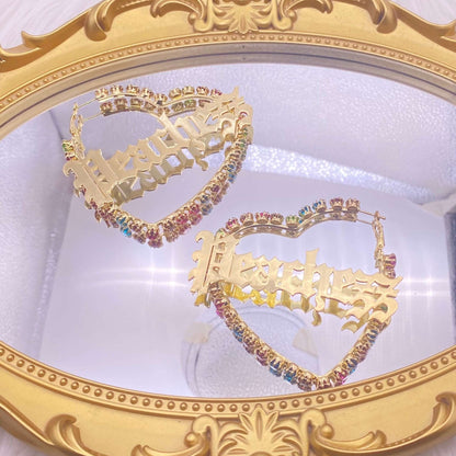 Colorful Zircon Heart Hoop Earrings Personalized Custom Gold Plated Name Earrings