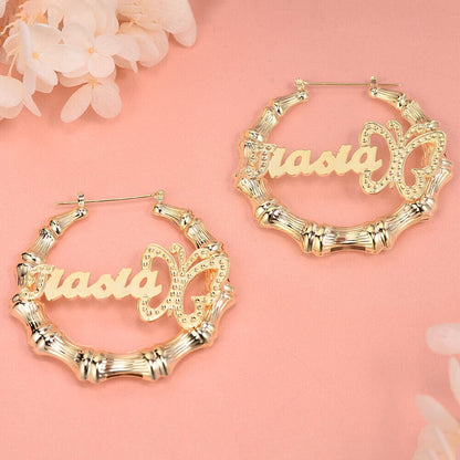 Butterfly Hoop Bamboo Personalized Custom Name Earrings Gold Plated