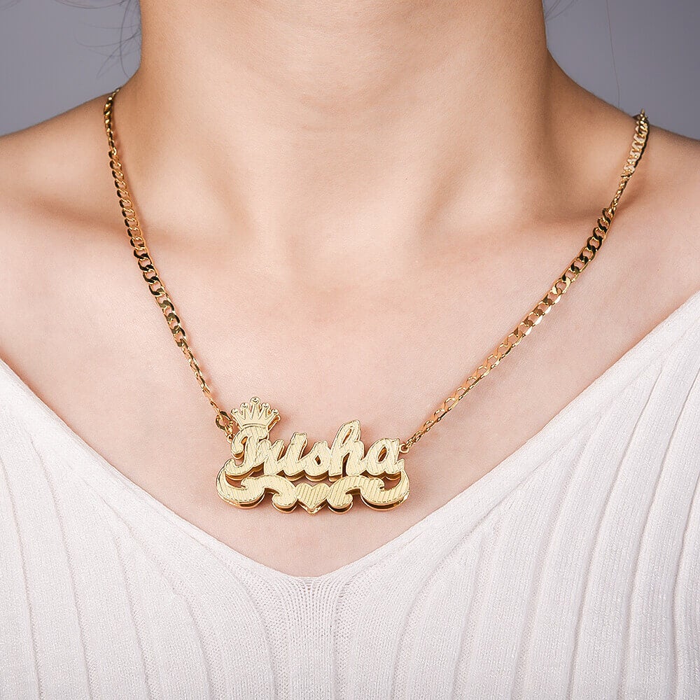 Double Layer Crown and Heart Personalized Customized Gold Plated Name Necklace-silviax