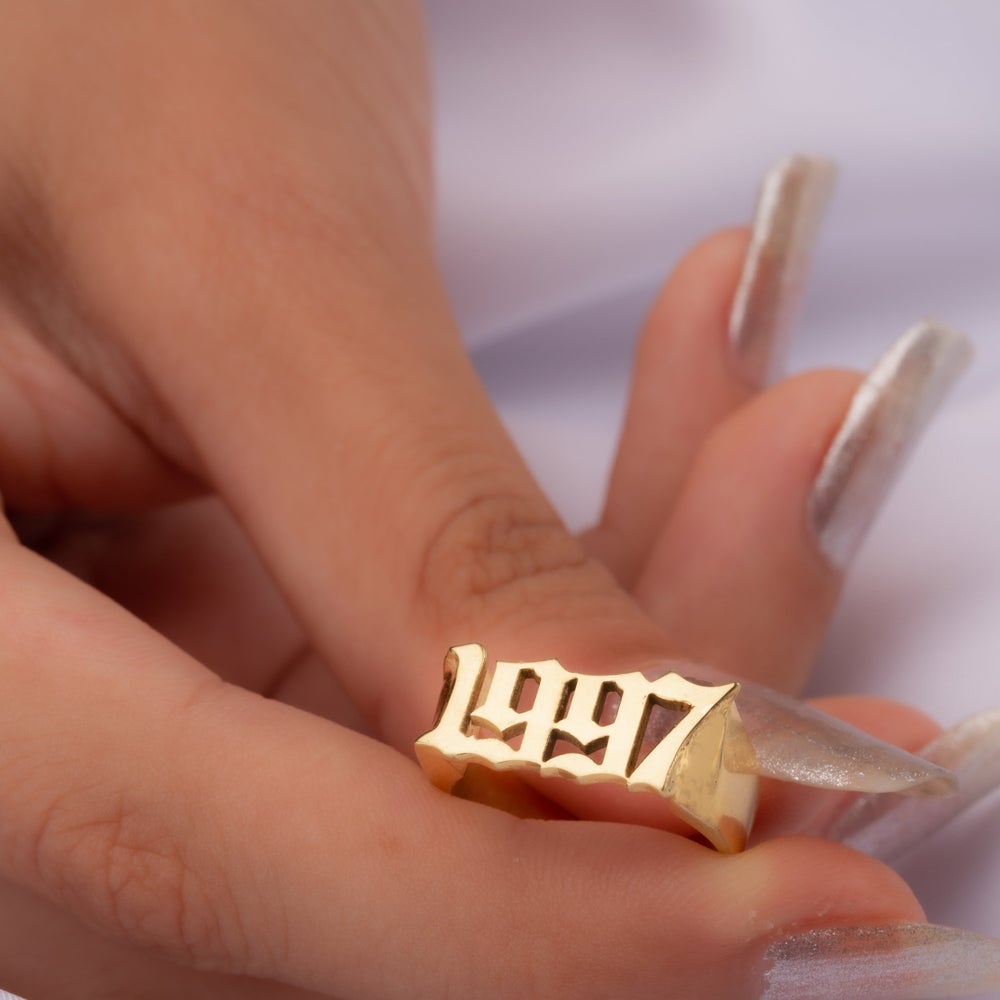 Gothic Date Personalized Gold Plated Number Ring-silviax