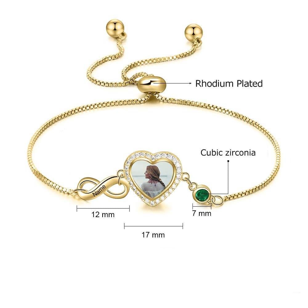 Heart And Infinite Engraved Name with Birthstone Personalized Custom Gold Plated Photo Bracelet-silviax