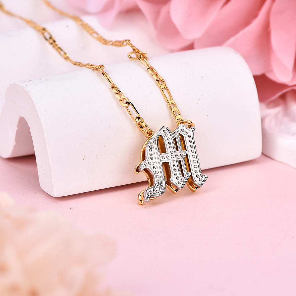 Double Layer Two Tone Old English Font Personalized Custom Gold Plated Initial Necklace-silviax