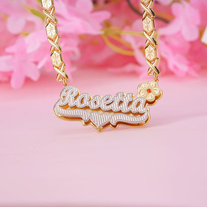 Double Plate Two Tone Birthstone Flower Heart with XOXO Chain Personalized Custom Gold Plated Name Necklace