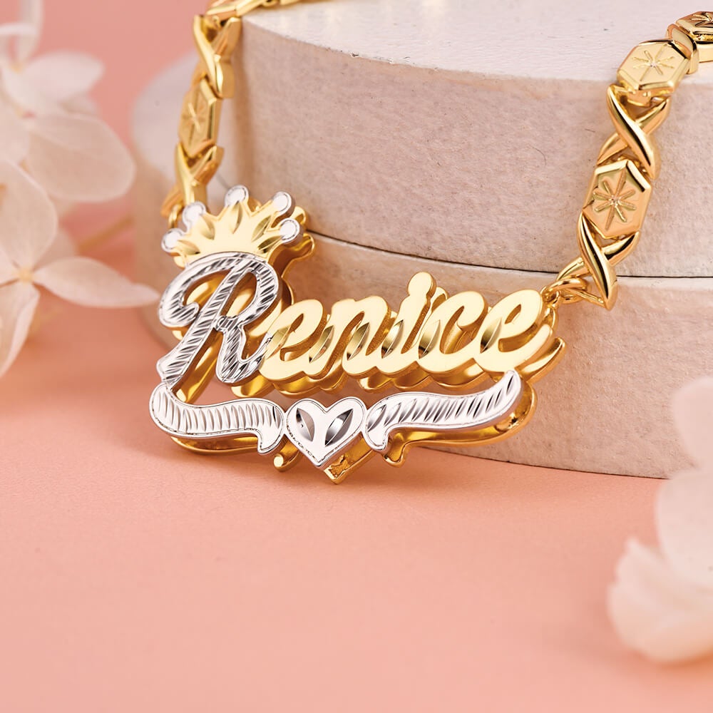 Double Layer Two Tone Crown xoxo Chain Personalized Custom Gold Plated Name Necklace-silviax