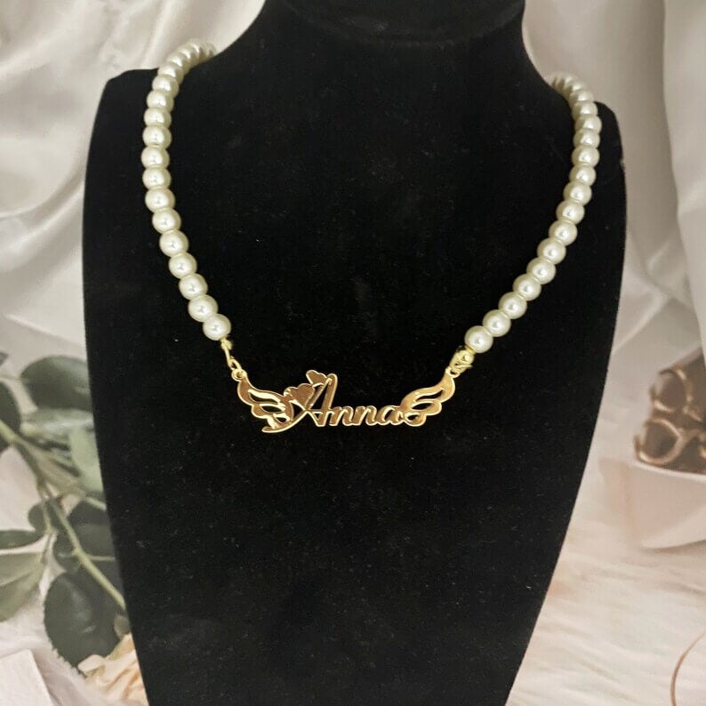 Angel Wing with Pearl Chain Personalized Custom Gold Plated Name Necklace-silviax