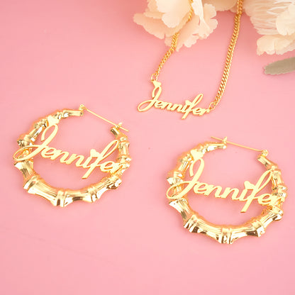 Personalized Custom Gold Plated Nameplate with Heart Jewelry Set Name Necklace and Hoop Earrings Christmas Gift-silviax