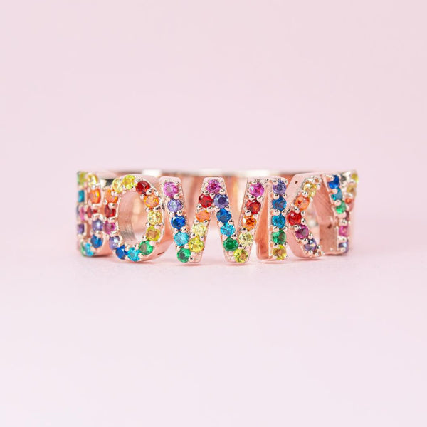 Rainbow Cubic Zirconia Paved Personalized Gold Plated Name Ring-silviax