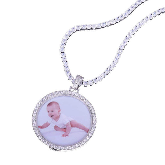 Round Pendant Inlaid Cubic Zirconia with Tennis Chain Personalized Custom Photo Necklace-silviax