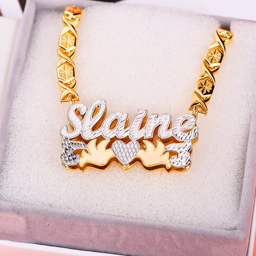 Double Layer Two Tone with Two Birds and Heart Personalized Custom Gold Plated Name Necklace XOXO Chain-silviax