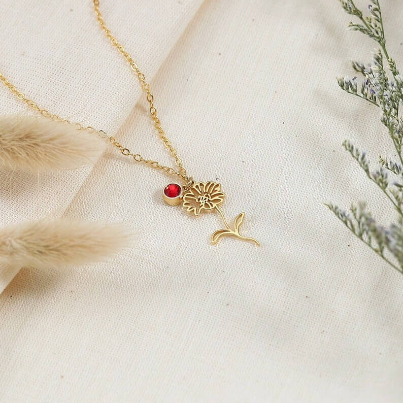 Birth Flower With Birthstone Personalized Custom Gold Plated Necklace Mother Gift-silviax