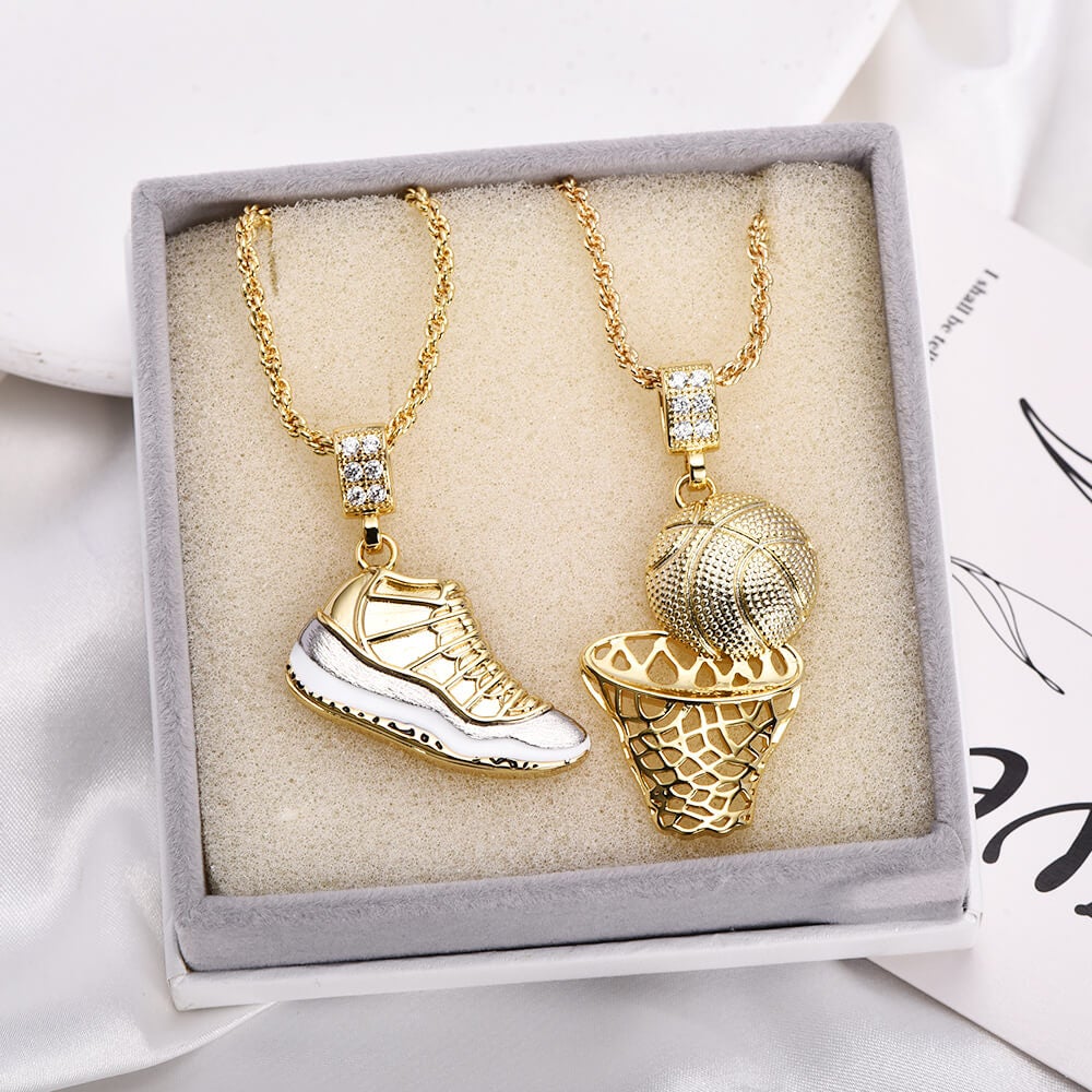 Hip Hop Retro Shoes Pendant &amp; Basketball Basketball Hoop Pendant Gold Plated Necklace