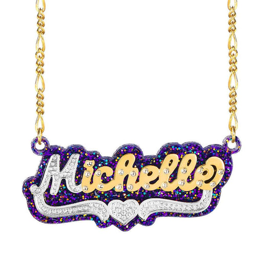 Double Layer Purple Acrylic Two Tone Heart Personalized Custom Gold Plated Name Necklace-silviax