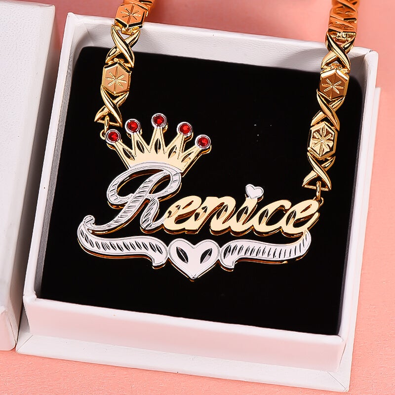 Double Layer Two Tone Ruby Crown Heart with XOXO Chain Personalized Custom Gold Plated Name Necklace-silviax