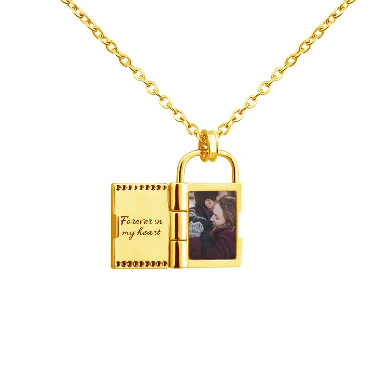 Personalized Custom Gold Plated Heart Photo Book Engraved Necklace Open Locket-silviax