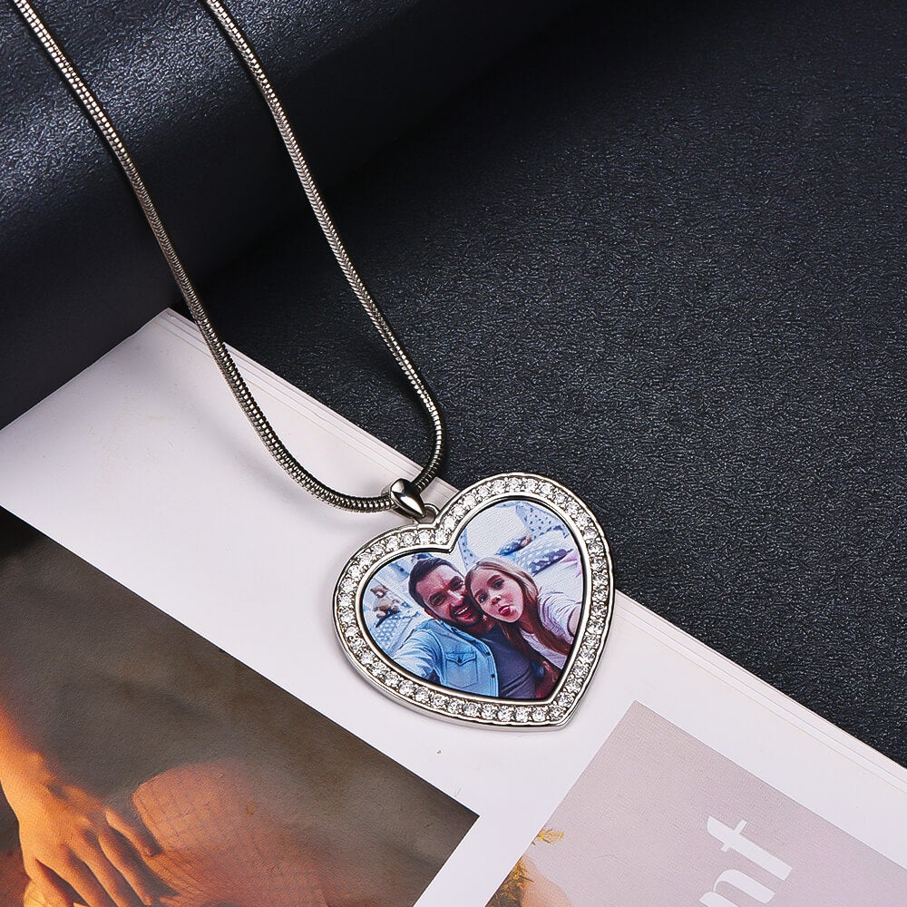 Inlaid Zircon Photo White Gold Heart Pendant Personalized Custom Photo Necklace-silviax