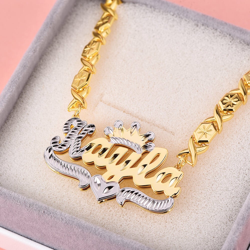 Double Layer Two Tone Crown Personalized Custom Gold Plated 3D Name Necklace with xoxo Chain-silviax